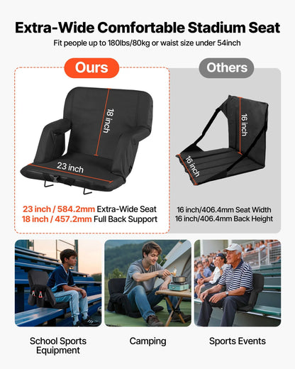 VEVOR Stadium Seat, 6 Adjustable Angle Bleacher Chair, 2.9'' Cushion Stadium Seat with Back Support and Armrest, Wide Bleacher Chair with Hook Pocket Cupholder for Picnics, Beach Sports, and Gaming - View 2