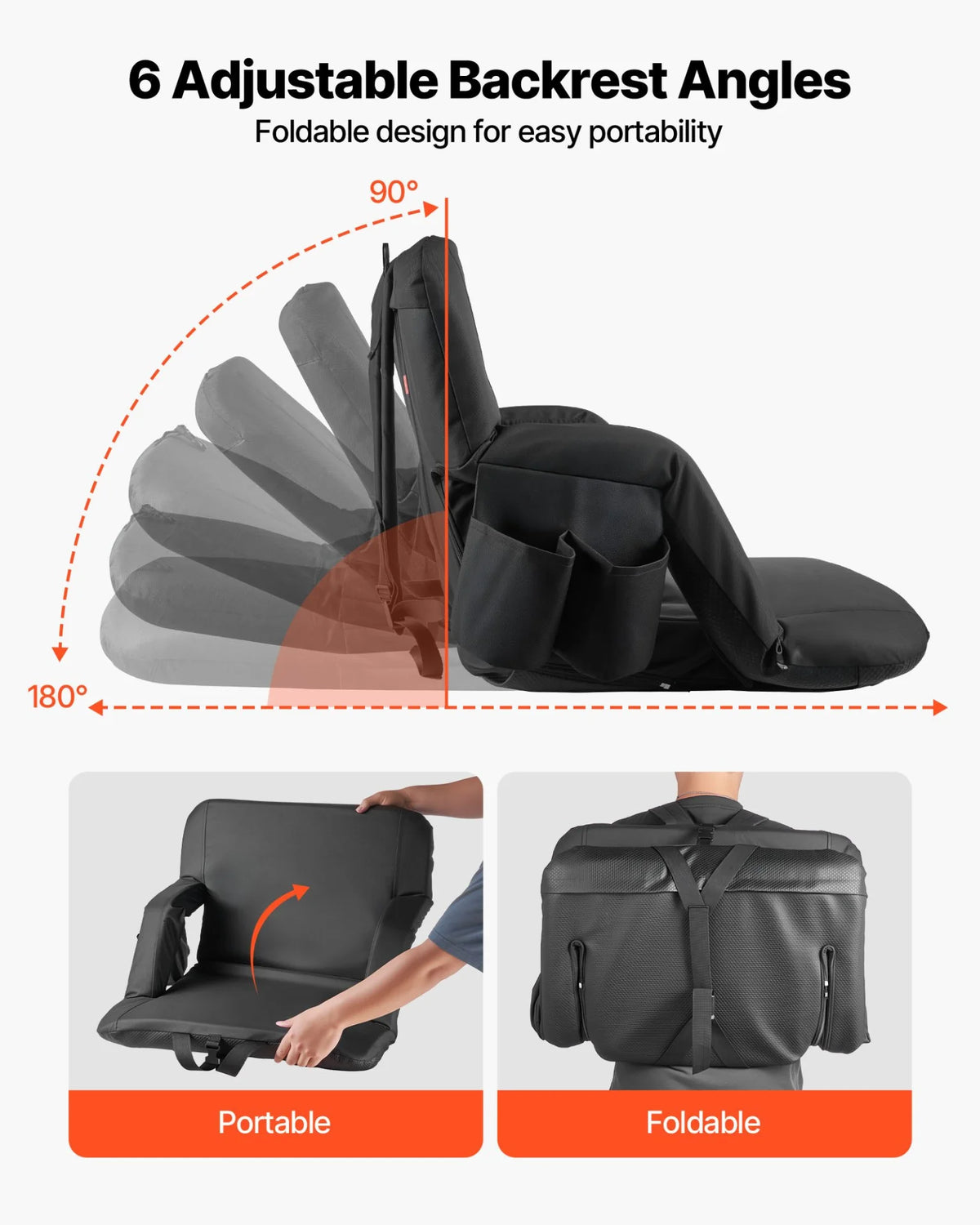 VEVOR Stadium Seat, 6 Adjustable Angle Bleacher Chair, 2.9'' Cushion Stadium Seat with Back Support and Armrest, Wide Bleacher Chair with Hook Pocket Cupholder for Picnics, Beach Sports, and Gaming - View 3