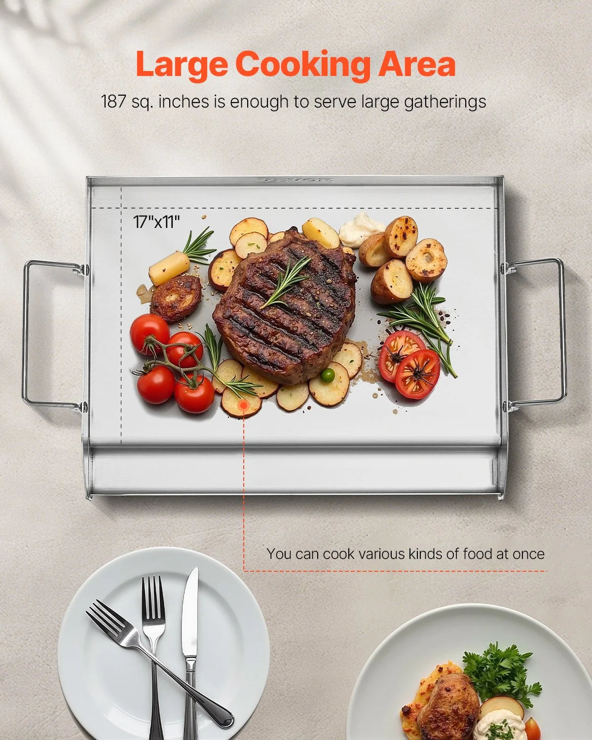 VEVOR Stainless Steel Griddle, 17x13 inch Universal Flat Top Rectangular Plate, Gas Grill Griddle for BBQ Grill, Teppanyaki, Portable Family Cookware with Handle, for Camping Tailgating Party - View 4