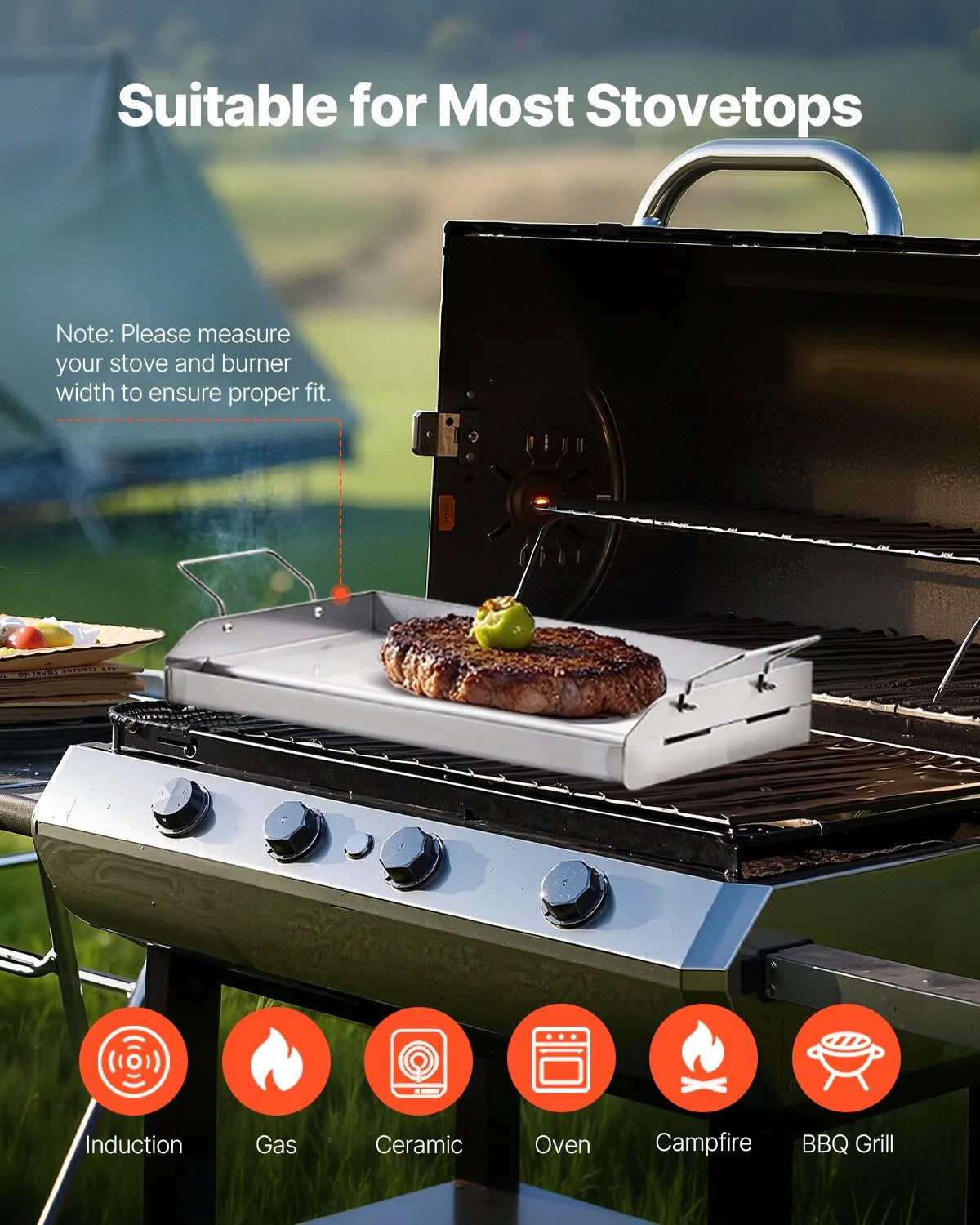 VEVOR Stainless Steel Griddle, 17x13 inch Universal Flat Top Rectangular Plate, Gas Grill Griddle for BBQ Grill, Teppanyaki, Portable Family Cookware with Handle, for Camping Tailgating Party - View 6