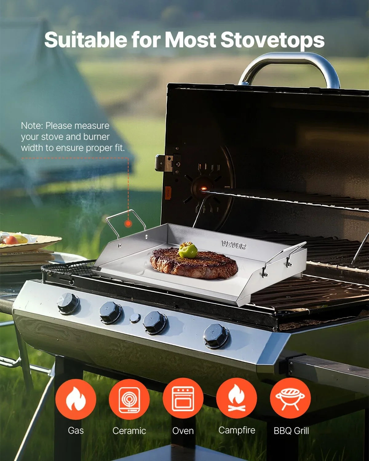 VEVOR Stainless Steel Griddle, 18x16 inch Universal Flat Top Rectangular Plate, Gas Grill Griddle for BBQ Grill, Teppanyaki, Portable Family Cookware with Handle, for Camping Tailgating Party - View 11