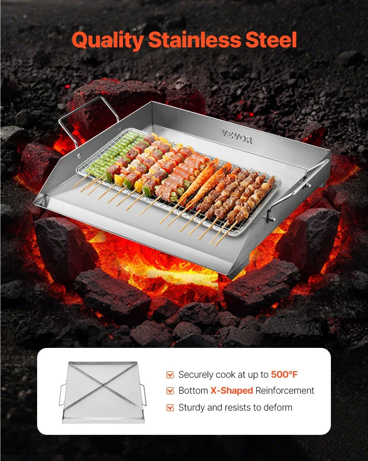 VEVOR Stainless Steel Griddle, 18x16 inch Universal Flat Top Rectangular Plate, Gas Grill Griddle for BBQ Grill, Teppanyaki, Portable Family Cookware with Handle, for Camping Tailgating Party