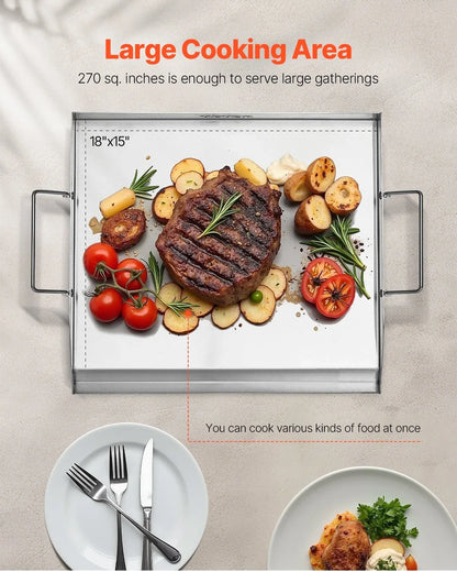 VEVOR Stainless Steel Griddle, 18x16 inch Universal Flat Top Rectangular Plate, Gas Grill Griddle for BBQ Grill, Teppanyaki, Portable Family Cookware with Handle, for Camping Tailgating Party - View 3
