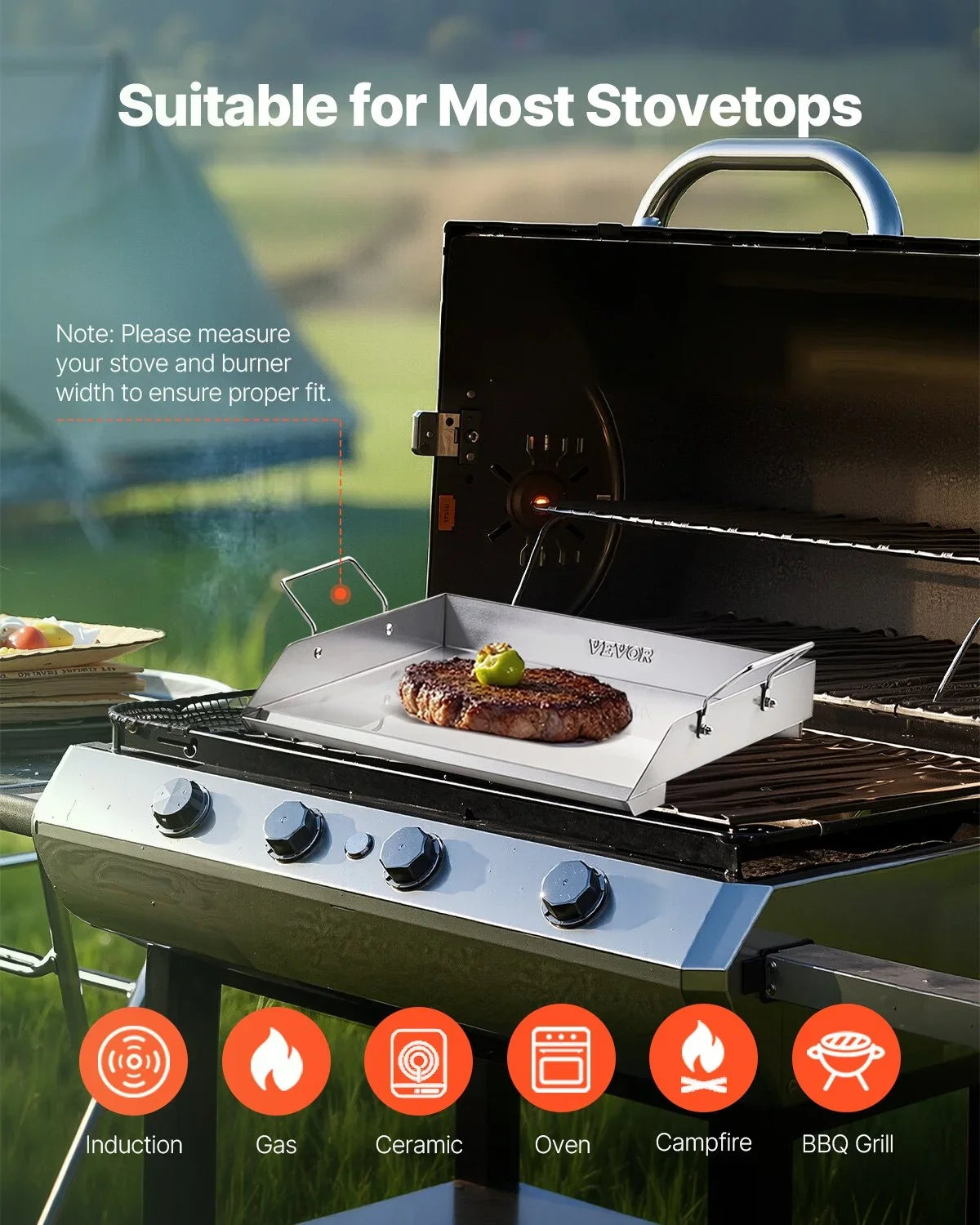 VEVOR Stainless Steel Griddle, 18x16 inch Universal Flat Top Rectangular Plate, Gas Grill Griddle for BBQ Grill, Teppanyaki, Portable Family Cookware with Handle, for Camping Tailgating Party - View 5