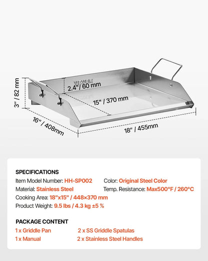 VEVOR Stainless Steel Griddle, 18x16 inch Universal Flat Top Rectangular Plate, Gas Grill Griddle for BBQ Grill, Teppanyaki, Portable Family Cookware with Handle, for Camping Tailgating Party - View 6