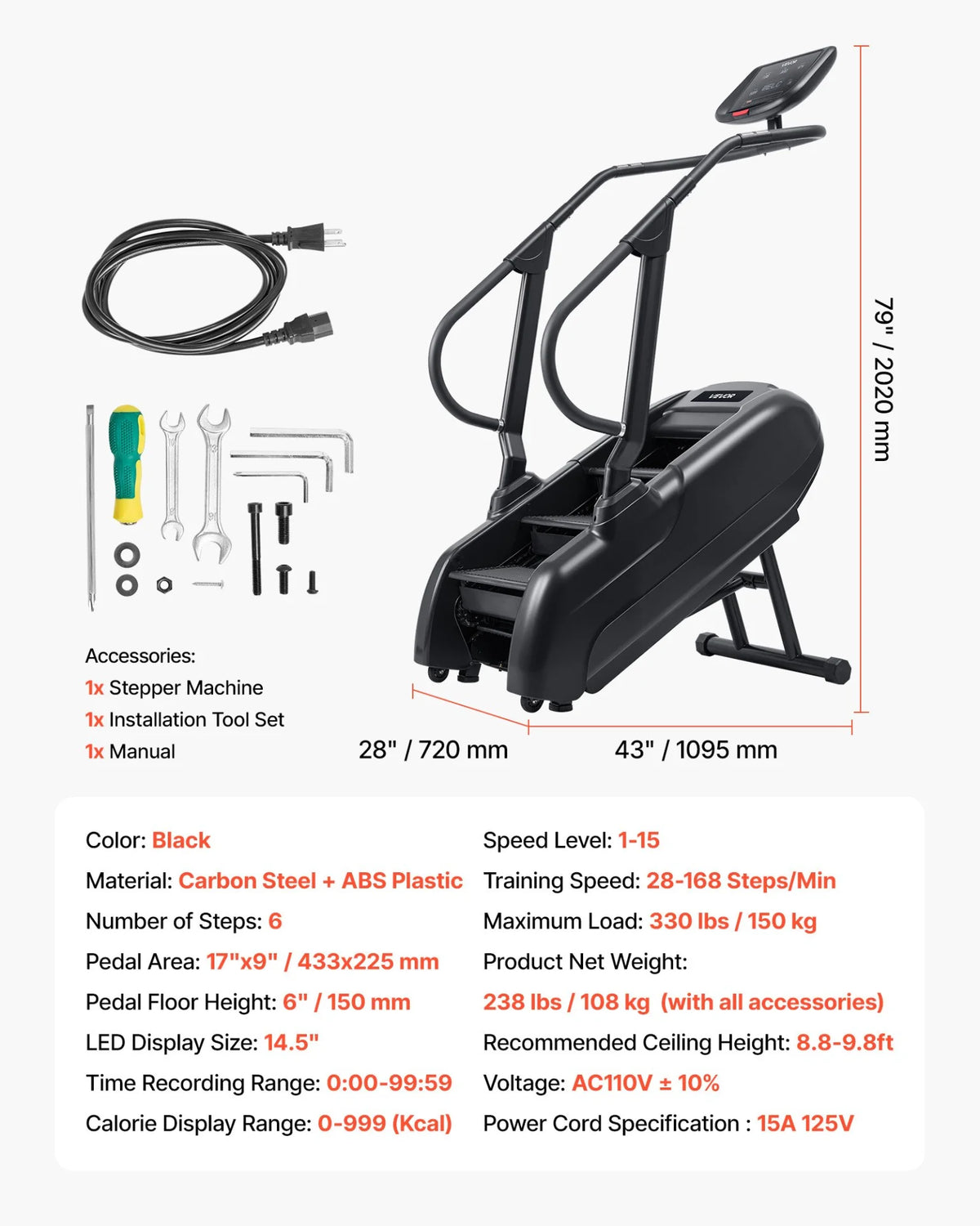 VEVOR Stair Stepper Machine, LED Screen Continuous Climbing Machines, Max Load 330 Lbs Stepping Climber for Home, 15 Speed Levels 28-168 Steps/Minute Stepmill Exercise for Cardio Lower Body - View 6