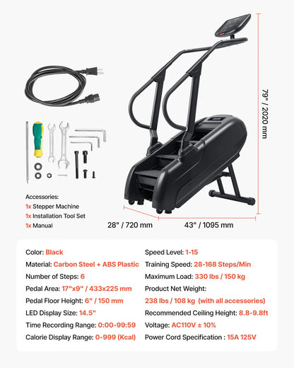VEVOR Stair Stepper Machine, LED Screen Continuous Climbing Machines, Max Load 330 Lbs Stepping Climber for Home, 15 Speed Levels 28-168 Steps/Minute Stepmill Exercise for Cardio Lower Body - View 6