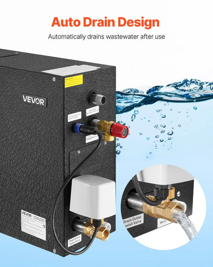 VEVOR Steam Generator, 6 kW Steam Shower System with Controller for Home Sauna Bath Spa, Commercial Auto Drain Kit with Overheat, Dry-Run & Overpressure Protection, 10 Min to 24h Efficient, Black - View 4