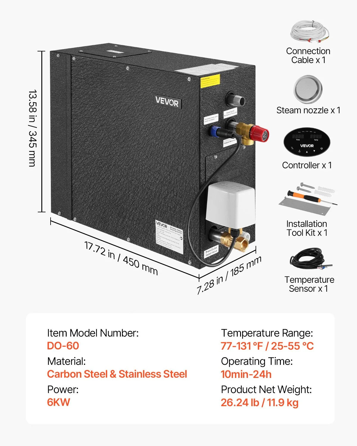 VEVOR Steam Generator, 6 kW Steam Shower System with Controller for Home Sauna Bath Spa, Commercial Auto Drain Kit with Overheat, Dry-Run & Overpressure Protection, 10 Min to 24h Efficient, Black - View 6