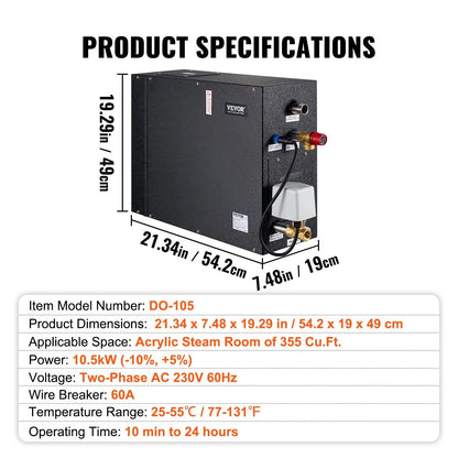 VEVOR Steam Shower Generator, 10.5 kW, Segmented Heating & Temperature Customization & 24h Timer Steam Bath Kit, Automatic Drainage Luxury Home Steam Shower System, Acrylic Tested to UL Standards - View 10