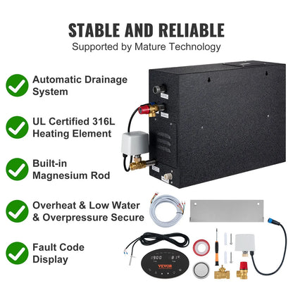 VEVOR Steam Shower Generator, 15 kW, Segmented Heating & Temperature Customization & 24h Timer Steam Bath Kit, Automatic Drainage Luxury Home Steam Shower System, Acrylic Room Max. 530 Cu. Ft. - View 3
