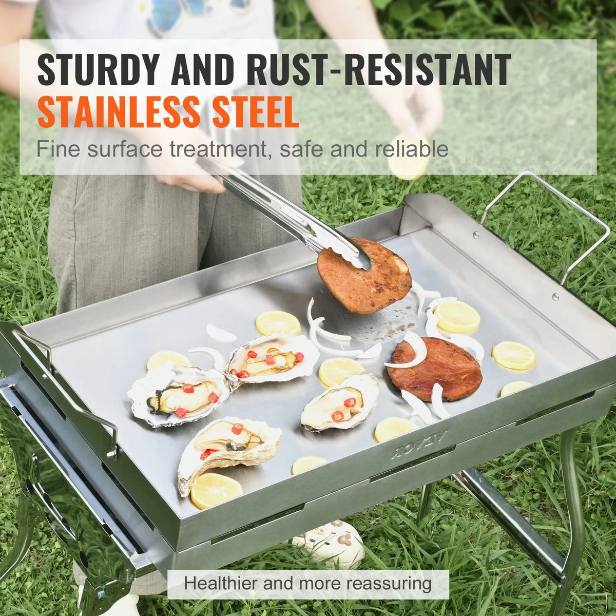 VEVOR Stove Top Griddle, 23.5"x16" Pre-Seasoned Stainless Steel Griddle, Rectangular Double Burner Griddle Pan, Non-Stick Family Pan Cookware with Handles and Oil Groove, for BBQ, Gas Grills, Silver - View 2