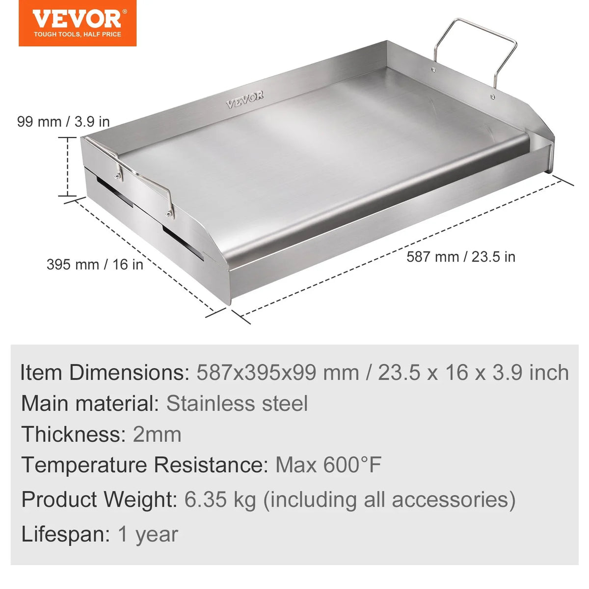 VEVOR Stove Top Griddle, 23.5"x16" Pre-Seasoned Stainless Steel Griddle, Rectangular Double Burner Griddle Pan, Non-Stick Family Pan Cookware with Handles and Oil Groove, for BBQ, Gas Grills, Silver - View 6