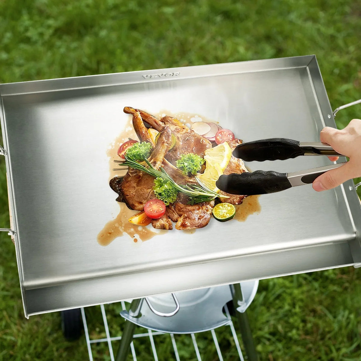 VEVOR Stove Top Griddle, 23.5"x16" Pre-Seasoned Stainless Steel Griddle, Rectangular Double Burner Griddle Pan, Non-Stick Family Pan Cookware with Handles and Oil Groove, for BBQ, Gas Grills, Silver - View 7