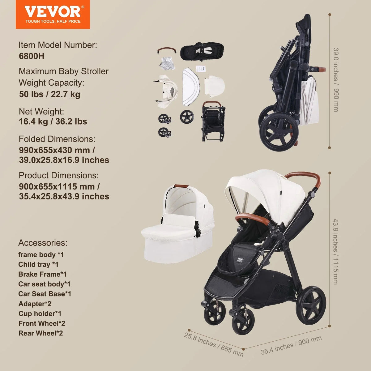 VEVOR Stroller Travel System With Bassinet Playard Baby Combo Set 2-in-1 White - View 5