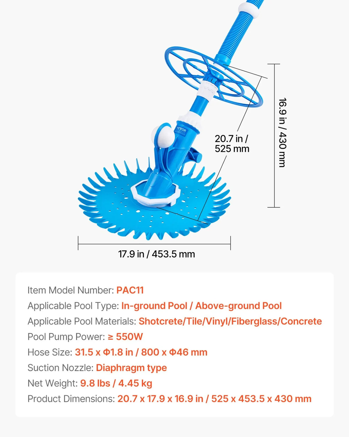 VEVOR Suction Pool Cleaner, Automatic Pool Vacuum Cleaner, Suction Side Automatic Pool Cleaner, Suction Vacuum Pool Sweeper with 12 Hoses, for In-ground Pool and Above-ground Pool Up to 20 x 35 ft - View 6