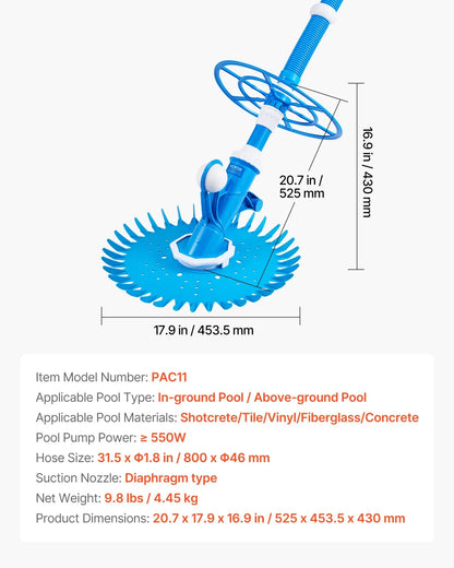 VEVOR Suction Pool Cleaner, Automatic Pool Vacuum Cleaner, Suction Side Automatic Pool Cleaner, Suction Vacuum Pool Sweeper with 12 Hoses, for In-ground Pool and Above-ground Pool Up to 20 x 35 ft - View 6
