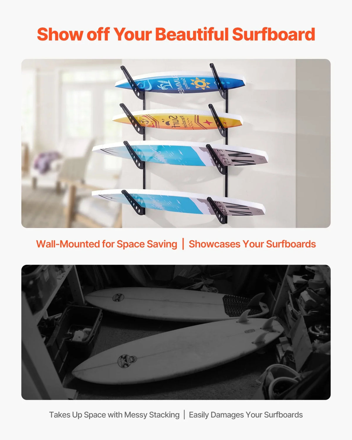 VEVOR Surfboard Wall Mount 4 Tiers Horizontal Surfboard Rack for Storage Display - View 2