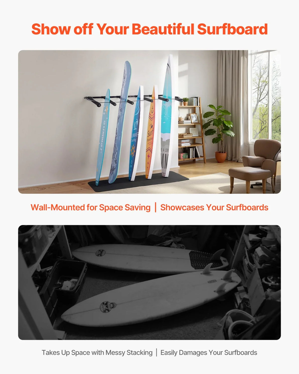 VEVOR Surfboard Wall Mount 5 Tiers Vertical Surfboard Rack for Storage & Display - View 2