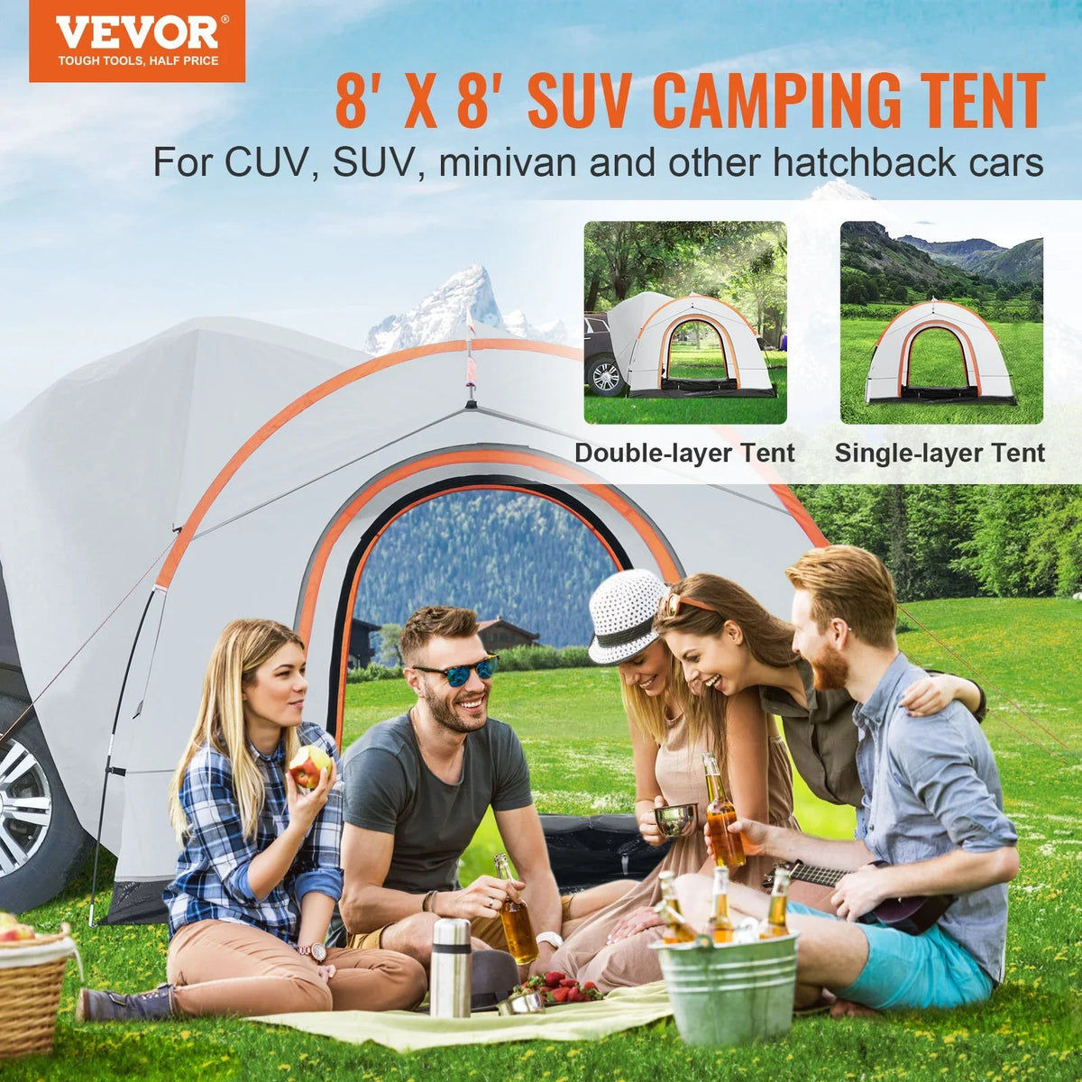 VEVOR SUV Camping Tent, 8'-8' SUV Tent Attachment for Camping with Rain Layer and Carry Bag, PU2000mm Double Layer Truck Tent, Accommodate 6-8 Person, Rear Tent for Van Hatch Tailgate - View 2