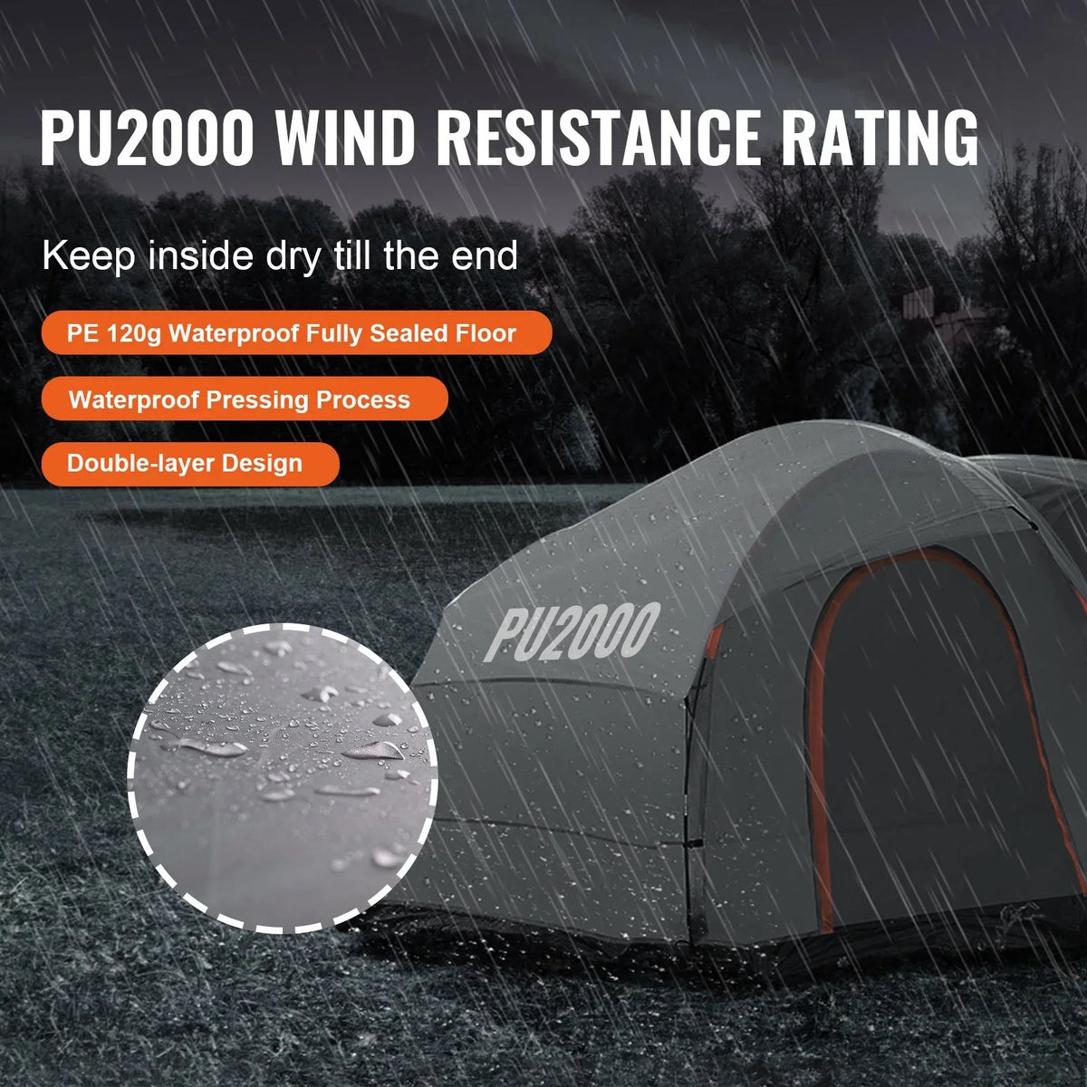 VEVOR SUV Camping Tent, 8'-8' SUV Tent Attachment for Camping with Rain Layer and Carry Bag, PU2000mm Double Layer Truck Tent, Accommodate 6-8 Person, Rear Tent for Van Hatch Tailgate - View 5