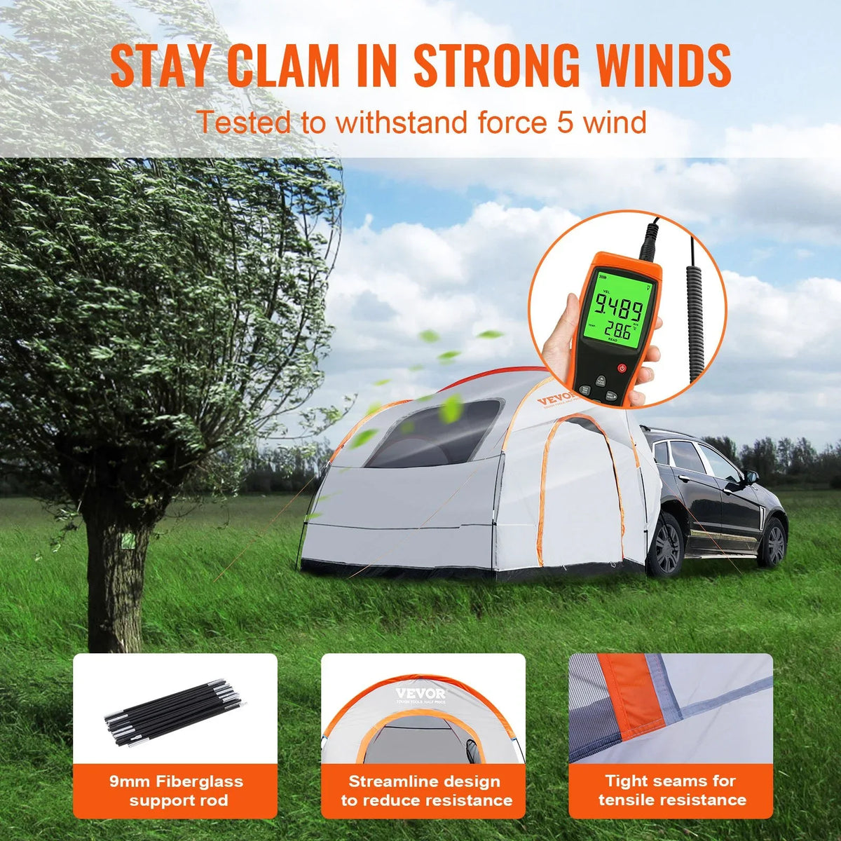 VEVOR SUV Camping Tent, 8'-8' SUV Tent Attachment for Camping with Rain Layer and Carry Bag, PU2000mm Double Layer Truck Tent, Accommodate 6-8 Person, Rear Tent for Van Hatch Tailgate - View 6