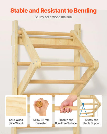 VEVOR Swedish Ladder Wall Gym, 4-in-1 8-Level Indoor Jungle Gym, 220LBS Loading Solid Wood Gymnastic Stall Bars, Indoor Playground Climbing Playset with Gym Rings, Pull-Up Bar, Rope Ladder, Wall Ladder - View 3