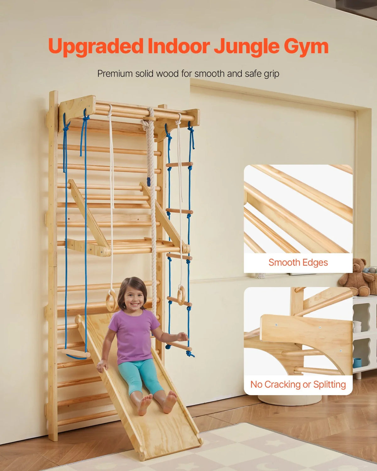 VEVOR Swedish Ladder Wall Gym 8 in 1 Wooden Indoor Playground Climbing Ladder