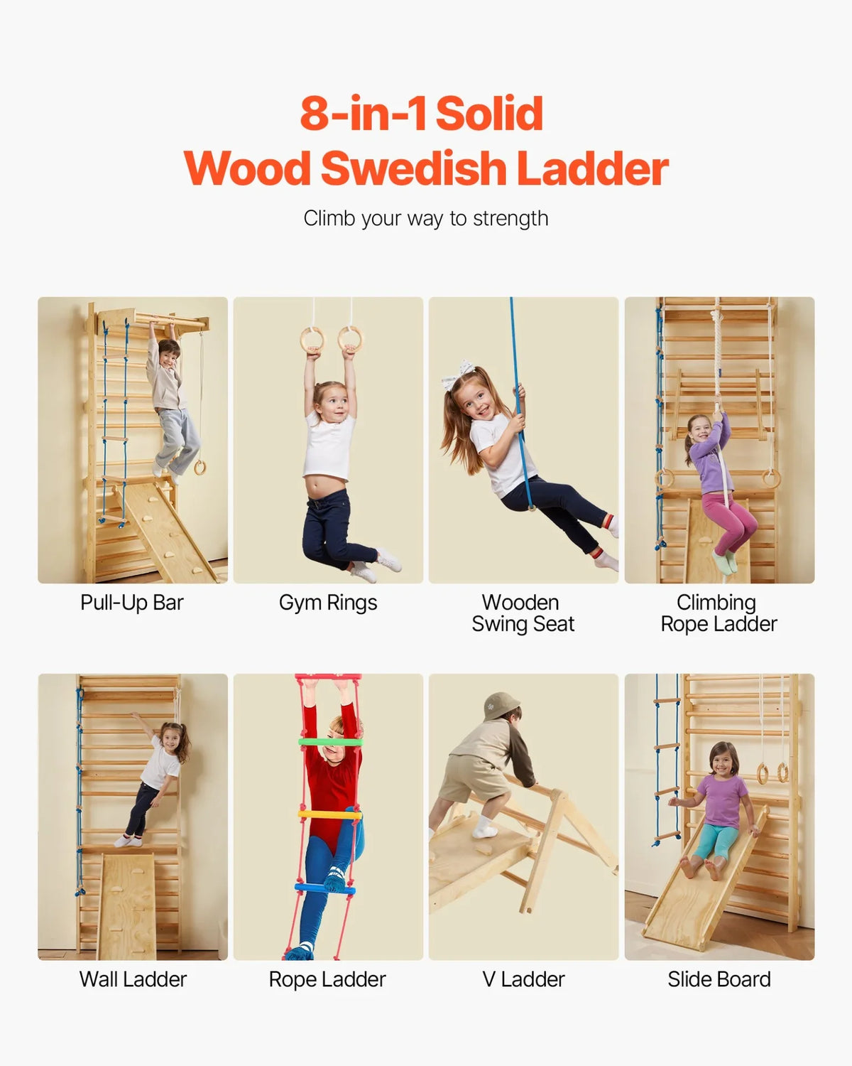 VEVOR Swedish Ladder Wall Gym 8 in 1 Wooden Indoor Playground Climbing Ladder - View 3