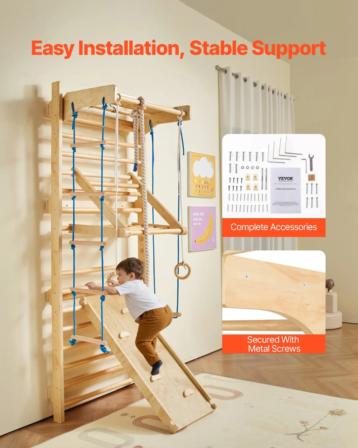 VEVOR Swedish Ladder Wall Gym 8 in 1 Wooden Indoor Playground Climbing Ladder - View 5
