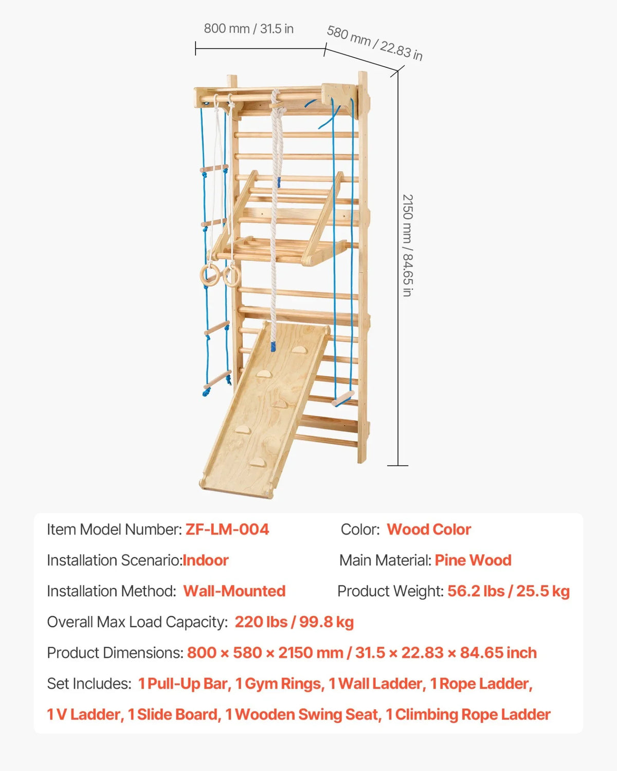 VEVOR Swedish Ladder Wall Gym 8 in 1 Wooden Indoor Playground Climbing Ladder - View 6
