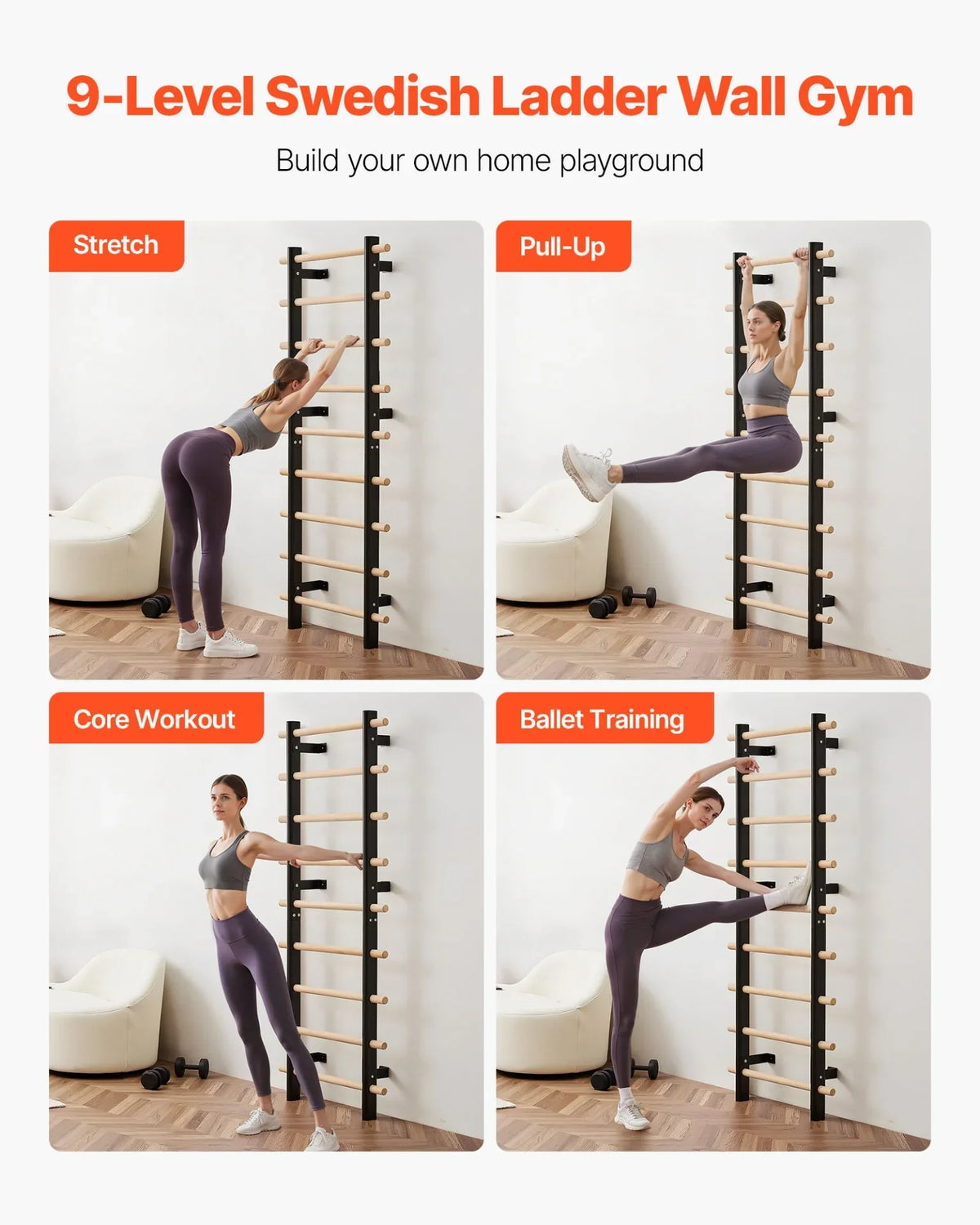 VEVOR Swedish Ladder Wall Gym 9-Level 330LBS Swedish Ladder Suspension Trainer - View 2