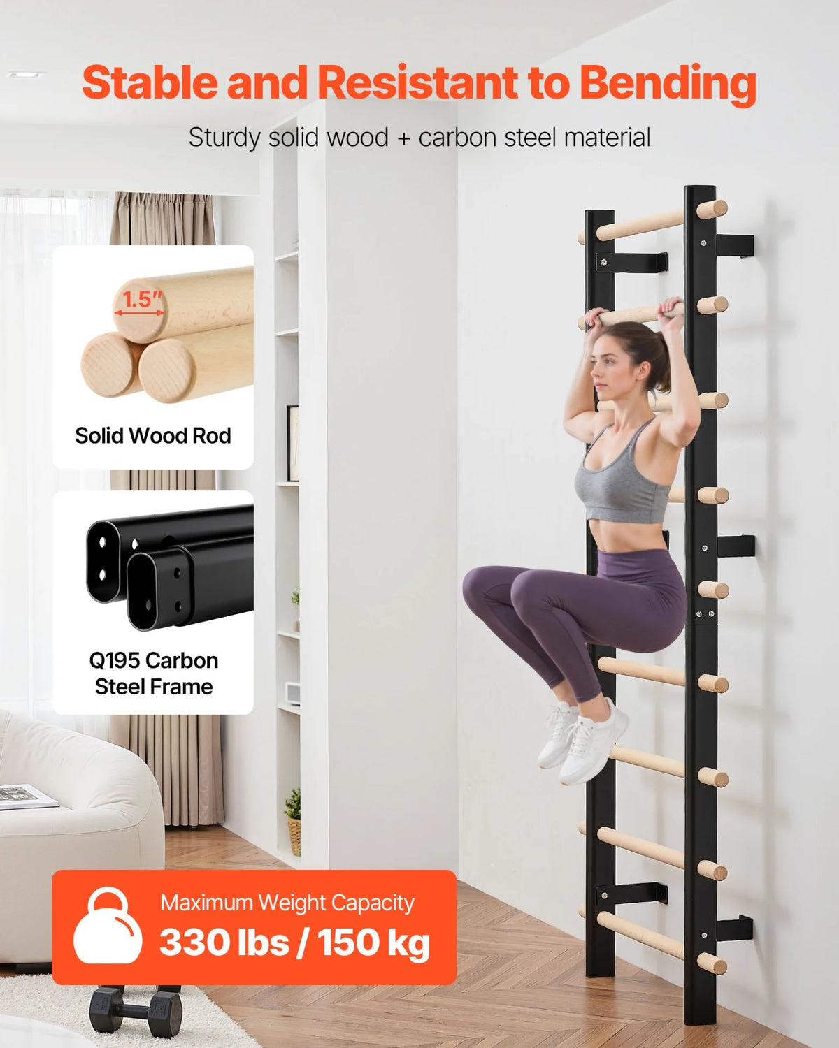 VEVOR Swedish Ladder Wall Gym 9-Level 330LBS Swedish Ladder Suspension Trainer - View 4