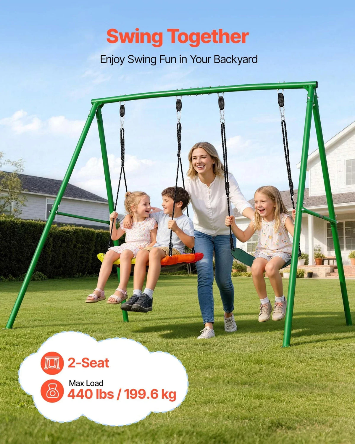 VEVOR Swing Set for Backyard, 32 in Saucer Swing Seat and Belt Seat, with Heavy Duty A-Frame Metal Stand, 440 lbs Load Capacity, Reinforced with Spiral Ground Anchors, Swingset Outdoor for Kids - View 2