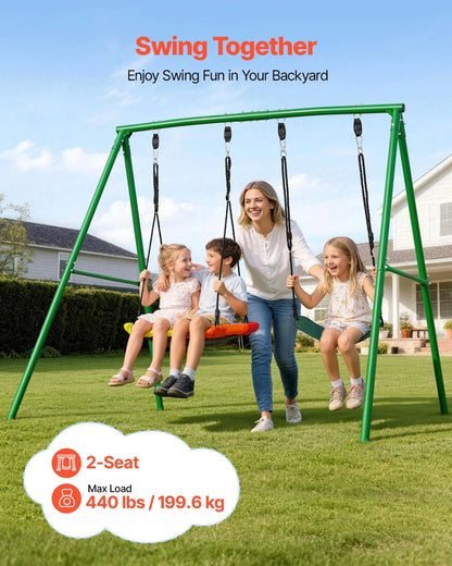 VEVOR Swing Set for Backyard, 32 in Saucer Swing Seat and Belt Seat, with Heavy Duty A-Frame Metal Stand, 440 lbs Load Capacity, Reinforced with Spiral Ground Anchors, Swingset Outdoor for Kids - View 2