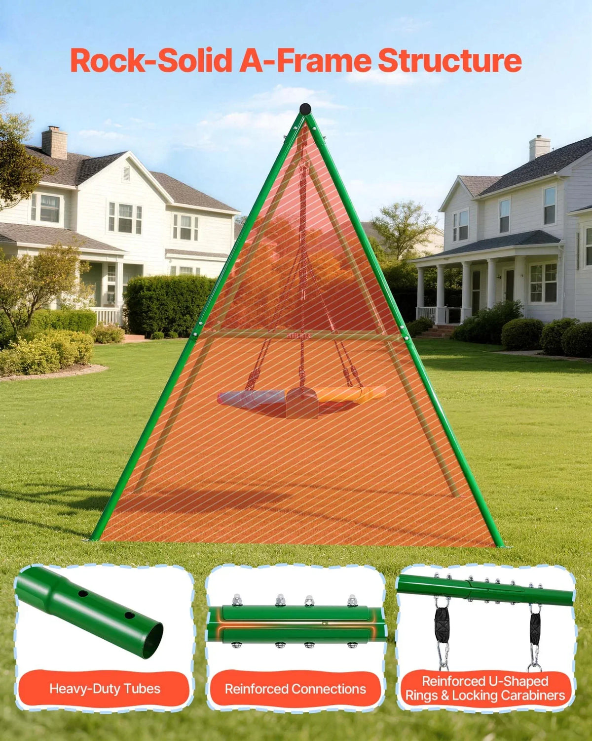 VEVOR Swing Set for Backyard, 32 in Saucer Swing Seat and Belt Seat, with Heavy Duty A-Frame Metal Stand, 440 lbs Load Capacity, Reinforced with Spiral Ground Anchors, Swingset Outdoor for Kids - View 3