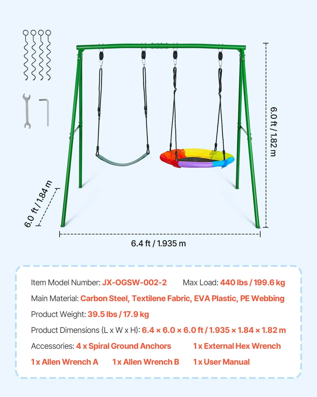 VEVOR Swing Set for Backyard, 32 in Saucer Swing Seat and Belt Seat, with Heavy Duty A-Frame Metal Stand, 440 lbs Load Capacity, Reinforced with Spiral Ground Anchors, Swingset Outdoor for Kids - View 7