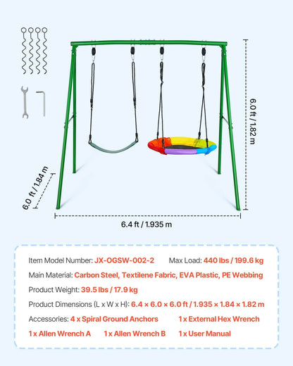 VEVOR Swing Set for Backyard, 32 in Saucer Swing Seat and Belt Seat, with Heavy Duty A-Frame Metal Stand, 440 lbs Load Capacity, Reinforced with Spiral Ground Anchors, Swingset Outdoor for Kids - View 7