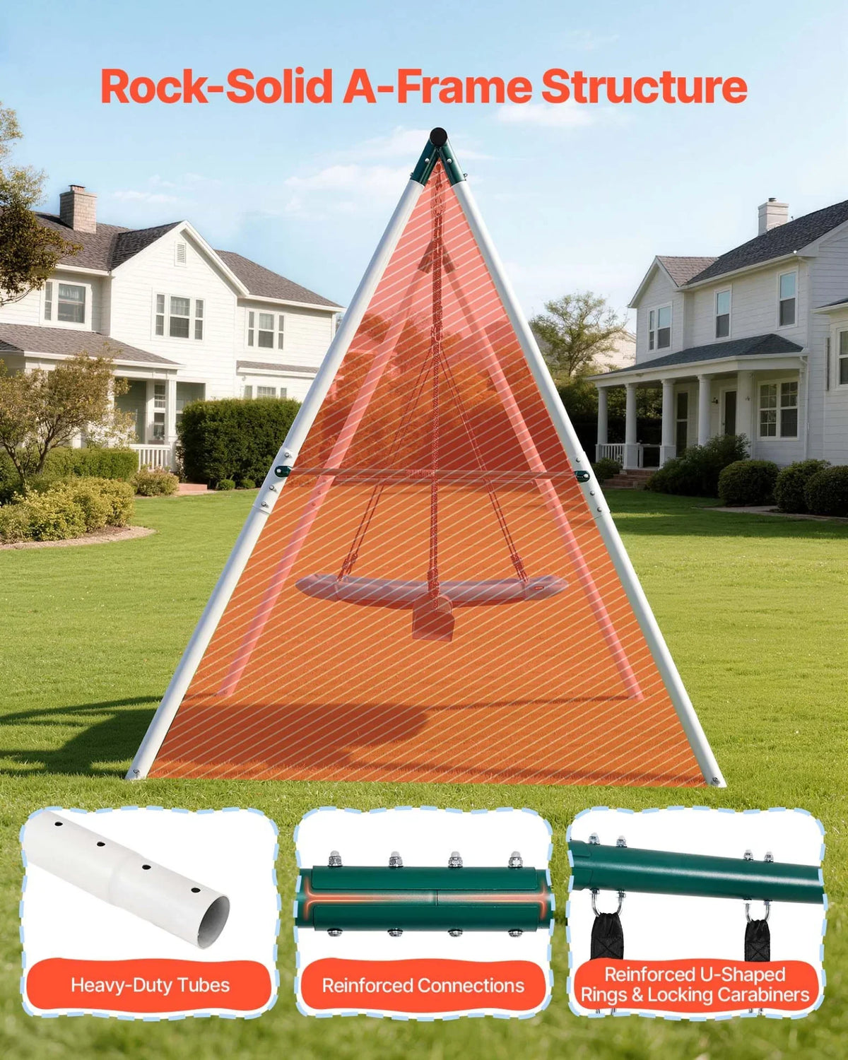 VEVOR Swing Set for Backyard, 45 x 30 in Swing Seat and Two Belt Seats, with Heavy Duty A-Frame Metal Stand, 700 lbs Load Capacity, Reinforced with Spiral Ground Anchors, Swingset Outdoor for Kids - View 2