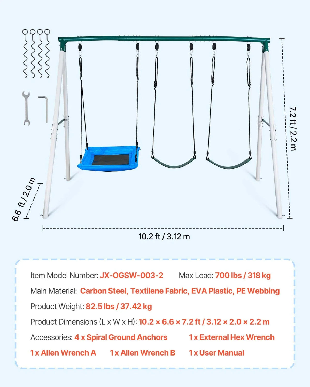 VEVOR Swing Set for Backyard, 45 x 30 in Swing Seat and Two Belt Seats, with Heavy Duty A-Frame Metal Stand, 700 lbs Load Capacity, Reinforced with Spiral Ground Anchors, Swingset Outdoor for Kids - View 6