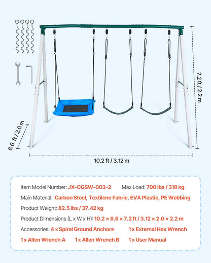 VEVOR Swing Set for Backyard, 45 x 30 in Swing Seat and Two Belt Seats, with Heavy Duty A-Frame Metal Stand, 700 lbs Load Capacity, Reinforced with Spiral Ground Anchors, Swingset Outdoor for Kids - View 6
