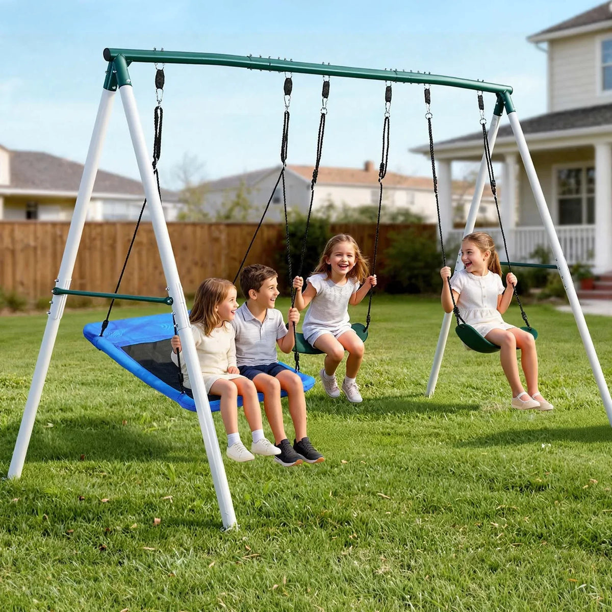 VEVOR Swing Set for Backyard, 45 x 30 in Swing Seat and Two Belt Seats, with Heavy Duty A-Frame Metal Stand, 700 lbs Load Capacity, Reinforced with Spiral Ground Anchors, Swingset Outdoor for Kids - View 7