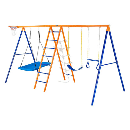 VEVOR Swing Sets for Backyard, 6 in 1 Swing Set with 2 Swings, Trapeze Bar, Climbing Ladder, Climbing Net, and Basketball Hoop, 440lbs Load Capacity Heavy-Duty Metal Swingset Outdoor for Kids Ages 3+ - View 8