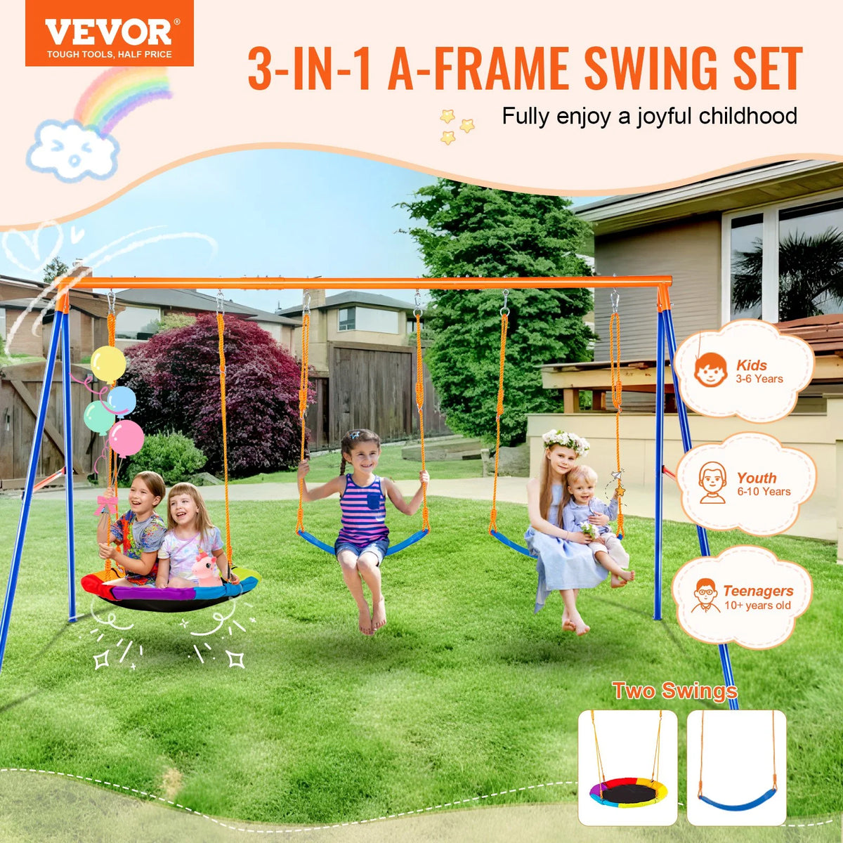 VEVOR Swing Sets for Backyard, 600lbs Load Capacity Swing Set, with 1 Saucer Swing Seat, 2 Belt Swing Seats, Heavy Duty A-Frame Metal Swing Stand and Adjustable Rope, Swingset Outdoor for Kids