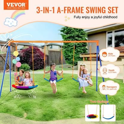 VEVOR Swing Sets for Backyard, 600lbs Load Capacity Swing Set, with 1 Saucer Swing Seat, 2 Belt Swing Seats, Heavy Duty A-Frame Metal Swing Stand and Adjustable Rope, Swingset Outdoor for Kids