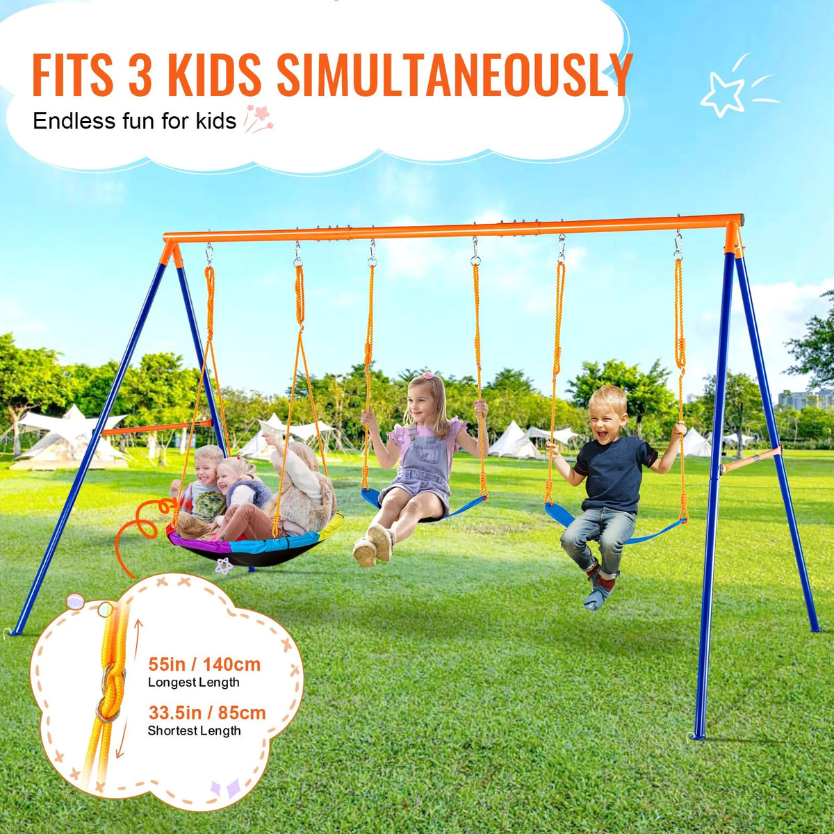 VEVOR Swing Sets for Backyard, 600lbs Load Capacity Swing Set, with 1 Saucer Swing Seat, 2 Belt Swing Seats, Heavy Duty A-Frame Metal Swing Stand and Adjustable Rope, Swingset Outdoor for Kids - View 3