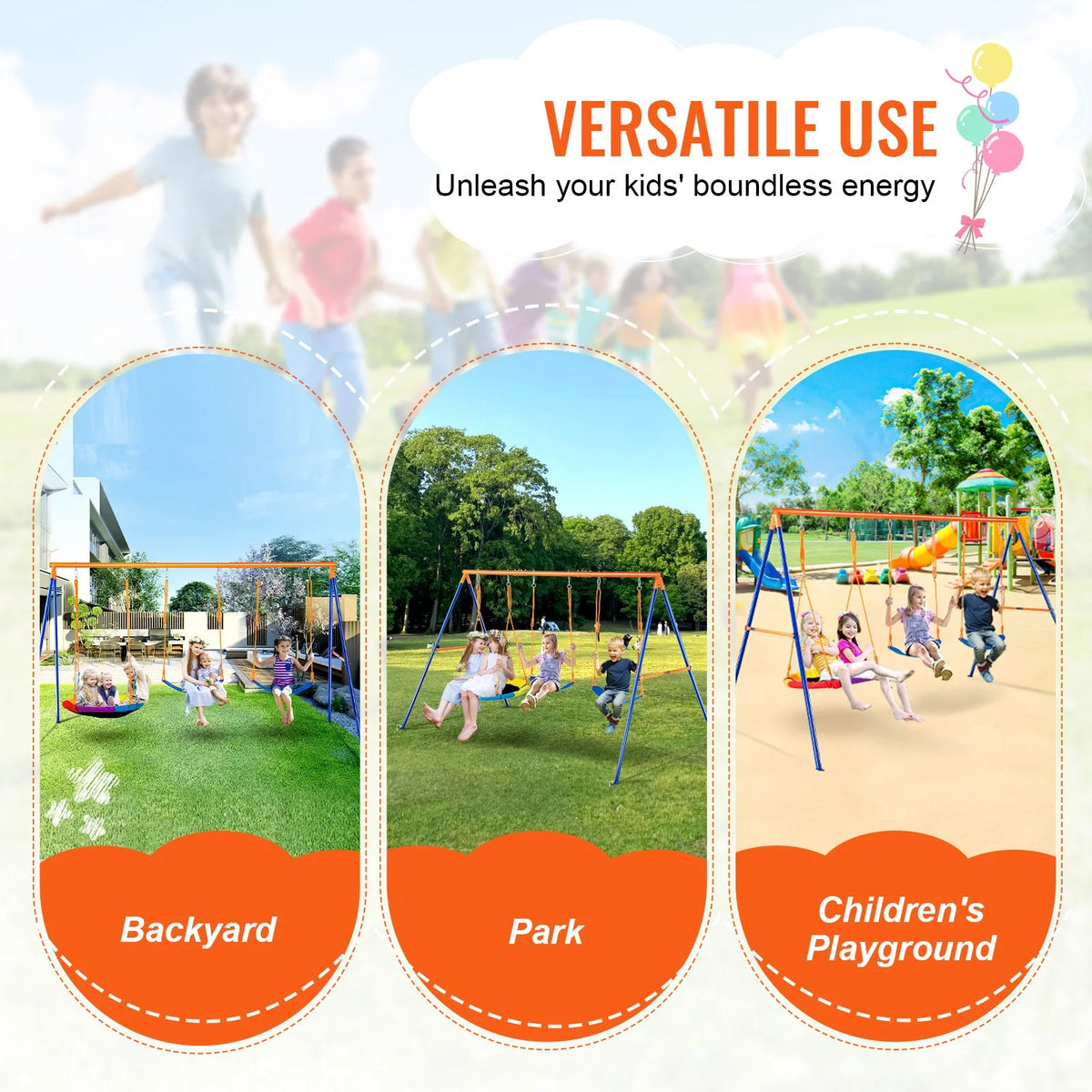 VEVOR Swing Sets for Backyard, 600lbs Load Capacity Swing Set, with 1 Saucer Swing Seat, 2 Belt Swing Seats, Heavy Duty A-Frame Metal Swing Stand and Adjustable Rope, Swingset Outdoor for Kids - View 5