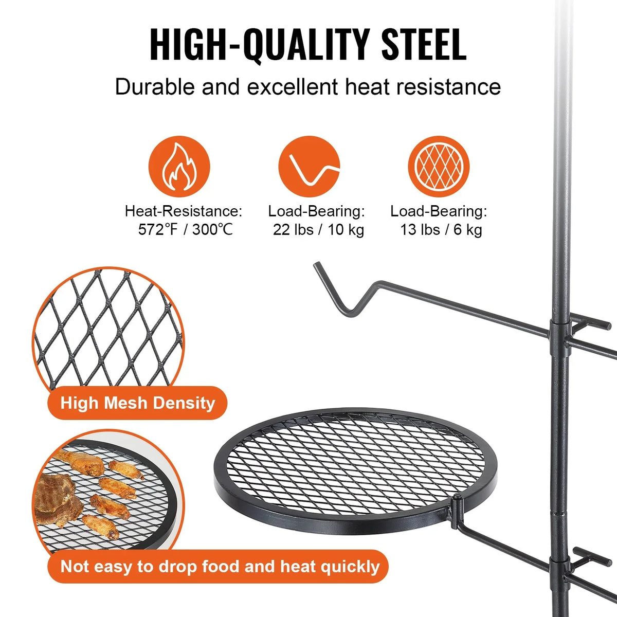 VEVOR Swivel Campfire Grill, Fire Pit Grill Grate over Fire Pits, Heavy Duty Steel Grill Grates, 360° Adjustable Open Fire Outdoor Cooking Equipment, Portable Camp Fire Racks for Camping Outdoor BBQ - View 2