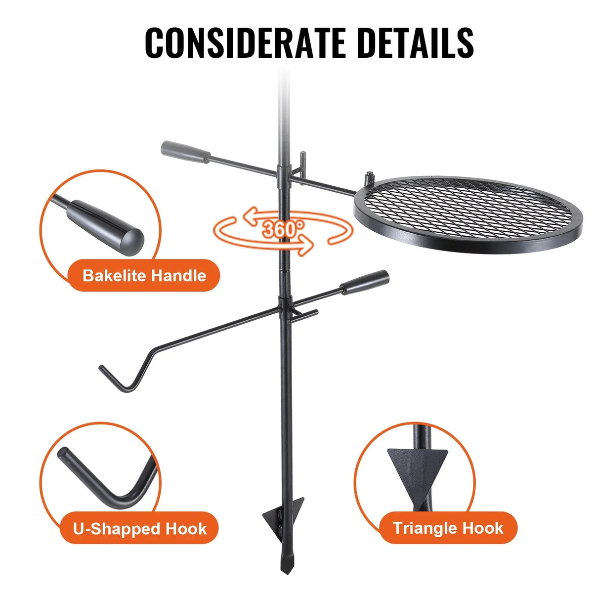 VEVOR Swivel Campfire Grill, Fire Pit Grill Grate over Fire Pits, Heavy Duty Steel Grill Grates, 360° Adjustable Open Fire Outdoor Cooking Equipment, Portable Camp Fire Racks for Camping Outdoor BBQ - View 3