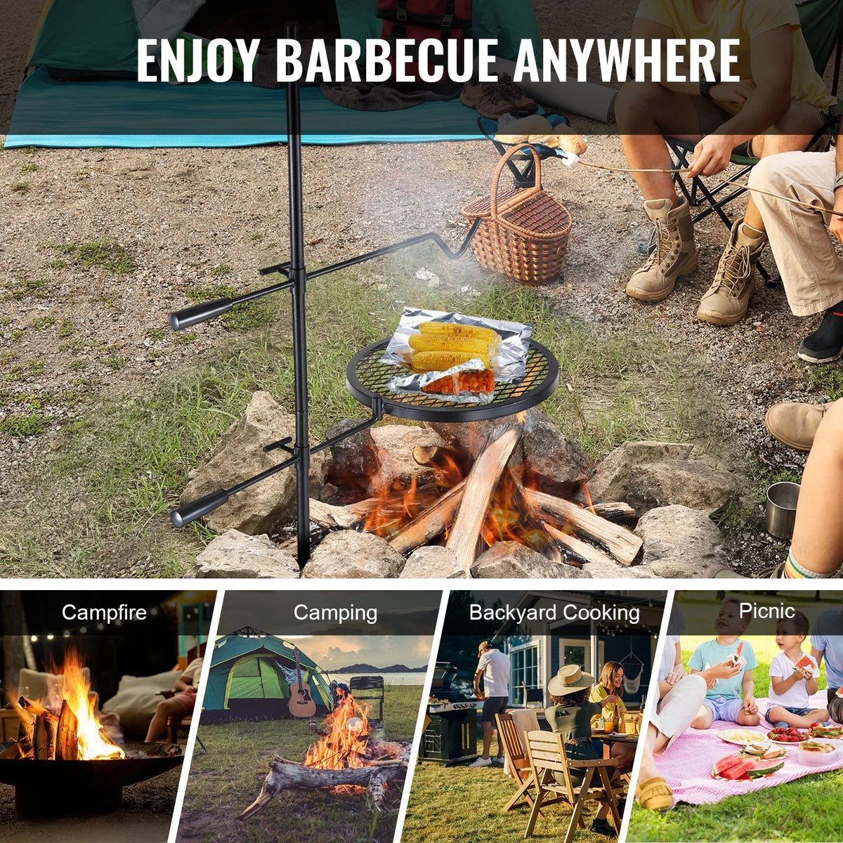 VEVOR Swivel Campfire Grill, Fire Pit Grill Grate over Fire Pits, Heavy Duty Steel Grill Grates, 360° Adjustable Open Fire Outdoor Cooking Equipment, Portable Camp Fire Racks for Camping Outdoor BBQ - View 5